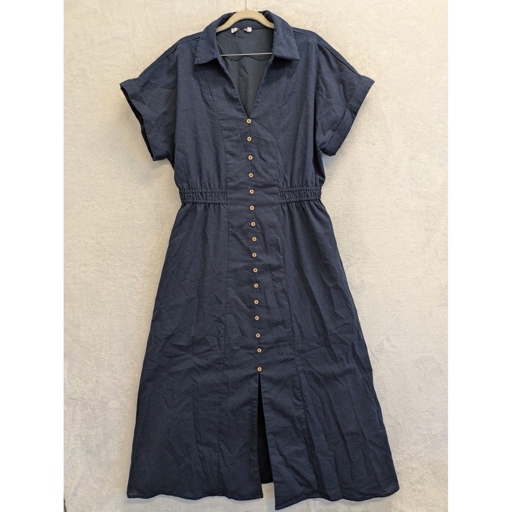 Baltic‎ Born Dress L Linen Blend Navy Blue Button Down Midi Shirt Dress Casual - Picture 2 of 11